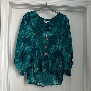 Olivaceous Teal Tie-Dye Button Front Dolman Blouse